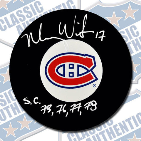 MURRAY WILSON Montreal Candiens autographed puck w/SC Inscriptions (#1949)