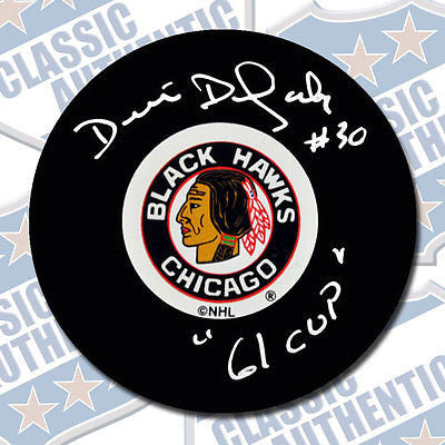 DENIS DEJORDY Chicago Blackhawks autographed puck w/61 Cup (#1848)