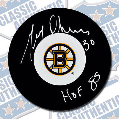 GERRY CHEEVERS Boston Bruins autographed puck w/HOF (#1880)