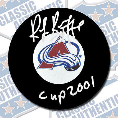 RAYMOND BOURQUE Colorado Avalanche autographed puck w/2001 Cup  (#1998)