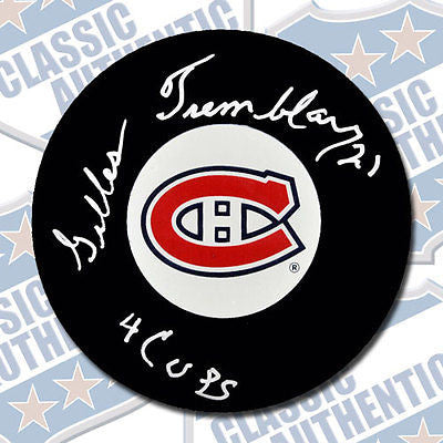 GILLES TREMBLAY Montreal Canadiens autographed puck w/4 Cups (#1883)