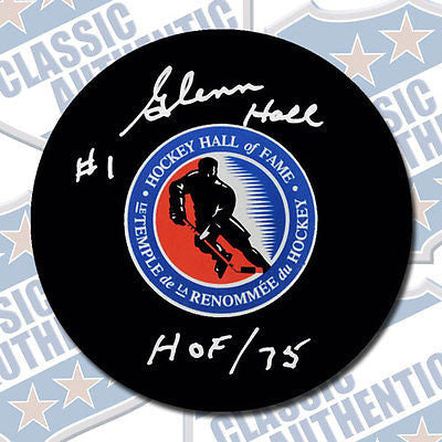 GLENN HALL Hall of Fame autographed puck w/HOF (#1895)