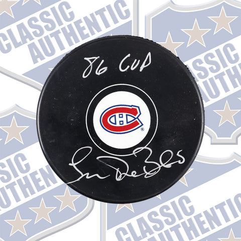 Lucien Deblois Montreal Canadiens autographed puck w/ 86 Cup (#2494)