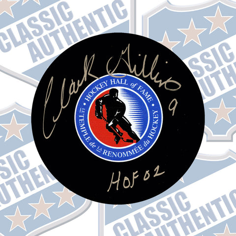 CLARK GILLIES Hockey Hall of Fame autographed puck w/HOF (#3317)