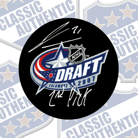JAMES VAN RIEMSDYK 2007 Draft Columbus autographed puck w/2nd pick (#3754)