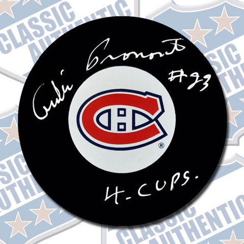 ANDRE PRONOVOST Montreal Canadiens autographed puck w/4 Cups (#1780)