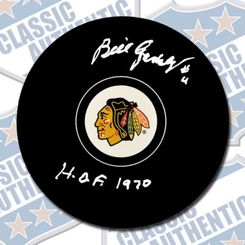 BILL GADSBY Chicago Balckhawks autographed puck w/HOF (#1806)