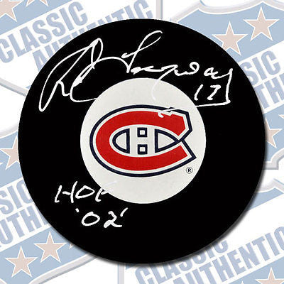 ROD LANGWAY Montreal Canadiens autographed puck w/HOF (#2009)