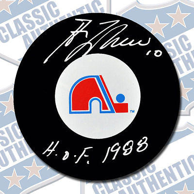 GUY LAFLEUR Quebec Nordiques autographed puck w/HOF (#1888)