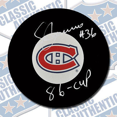 SERGIO MOMESSO Montreal Canadiens autographed puck w/86 Cup (#2020)