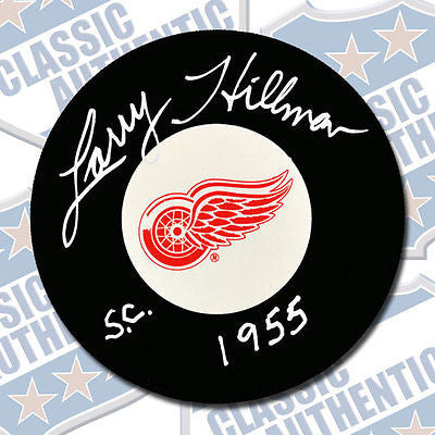 LARRY HILLMAN Detroit Red Wings autographed puck w/Cup (#1937)