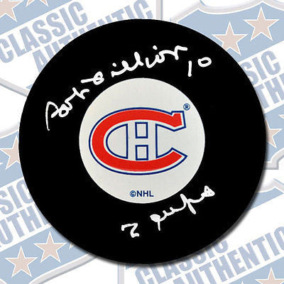 BOB FILLION Montreal Canadiens autographed puck w/2 Cups (#1807)