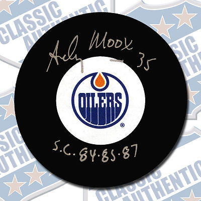 ANDY MOOG Edmonton Oilers autographed puck w/SC 84-85-87 (#3185)