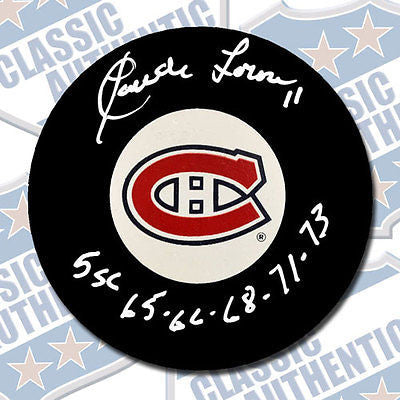 CLAUDE LAROSE Montreal Canadiens autographed puck w/Cup years (#1815)