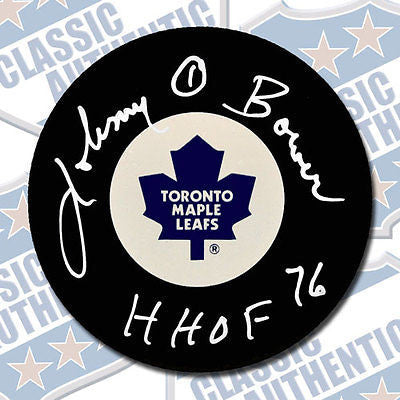 JOHNNY BOWER Toronto Maple Leafs autographed puck w/HOF (#1928)