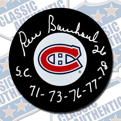 PIERRE BOUCHARD Montreal Canadiens autographed puck w/Cups (#1990)