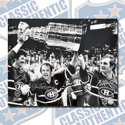 LAMBERT-COURNOYER-LAFLEUR Montreal Canadiens triple signed 16x20 photo (#1018)