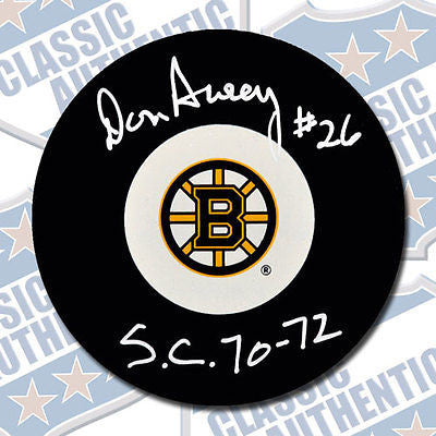 DON AWREY Boston Bruins autographed puck w/70-72 Cup (#1844)