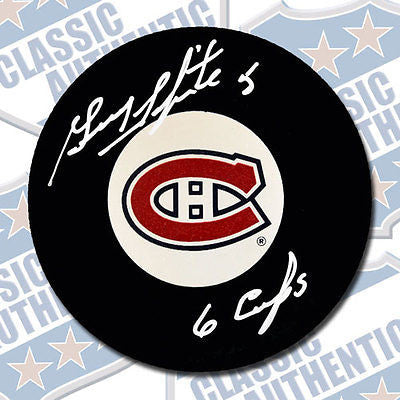 GUY LAPOINTE Montreal Canadiens autographed puck w/6 Cups (#1873)