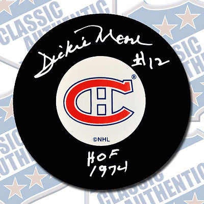DICKIE MOORE Montreal Canadiens autographed puck w/HOF (#1858)