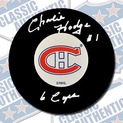 CHARLIE HODGE Montreal Canadiens autographed puck w/6 Cups (#1812)