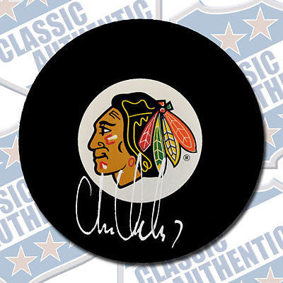 CHRIS CHELIOS Chicago Blackhawks autographed puck (#1818)