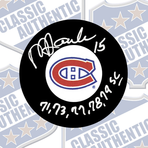 REJEAN HOULE Montreal Canadiens autographed puck w/Cup years (#2019)