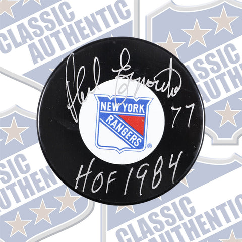Phil Esposito New York Rangers autographed puck w/HOF 1984 (#2453)