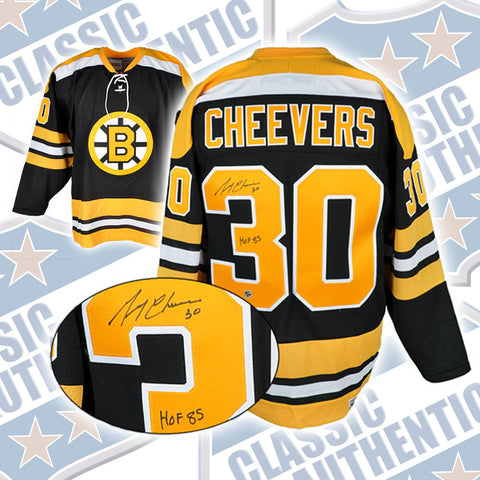 GERRY CHEEVERS Boston Bruins Pro Replica autographed CCM jersey w/HOF (#2075)