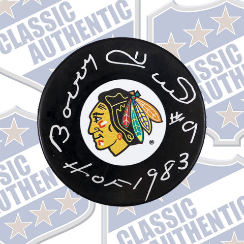 BOBBY HULL Chicago Blackhawks autographed puck w/HOF 1983 (#3181b)