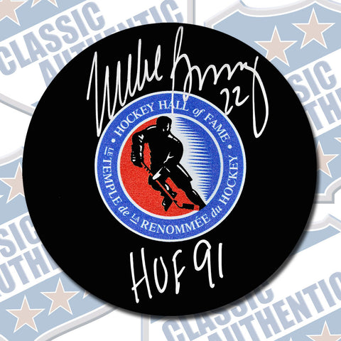 MIKE BOSSY Hockey Hall of Fame autographed puck w/HOF (#3216)