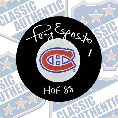 TONY ESPOSITO Montreal Canadiens Autographed Puck with HOF Inscription (#3422)