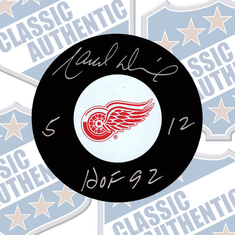 MARCEL DIONNE Detroit Red Wings Autographed Puck with HOF and 2 numbers (#8007)