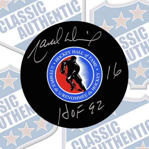 MARCEL DIONNE Hockey Hall of Fame Autographed Puck with HOF (#3449)
