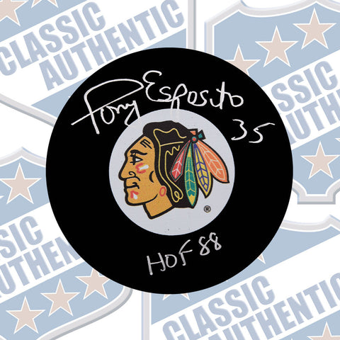 TONY ESPOSITO Chicago Blackhawks Autographed Puck w/HOF (#3459)