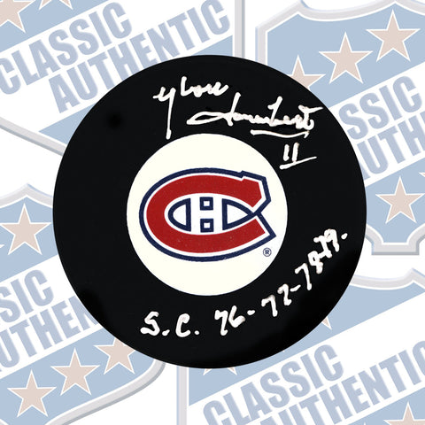 YVON LAMBERT Montreal Canadiens w/ Stanley Cup inscriptions autographed puck (#3661)