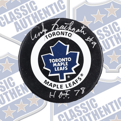 ANDY BATHGATE Toronto Maple Leafs autographed puck w/ HOF 78 (#564b)