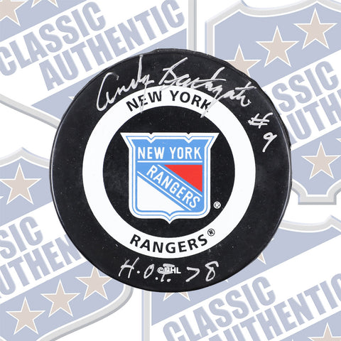 ANDY BATHGATE New York Rangers autographed puck w/ HOF 78 (#566c)