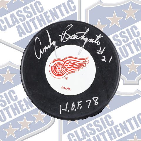 ANDY BATHGATE Detroit Red Wings autographed puck w/HOF 78 (#570)