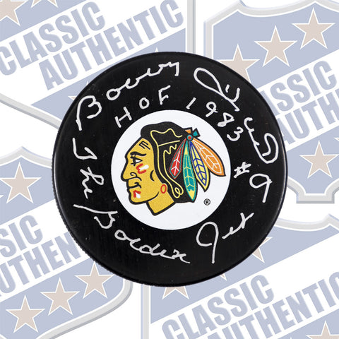 BOBBY HULL Chicago Blackhawks autographed puck w/HOF Golden Jet (#804a)