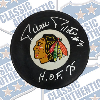 PIERRE PILOTE Chicago Blackhawks autographed puck (#500)