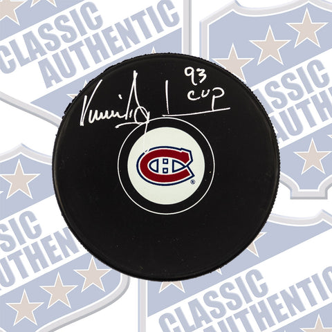 VINCENT DAMPHOUSSE Montreal Canadiens autographed puck w/93 Cup (#2851)