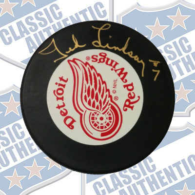 TED LINDSAY Detroit Red Wings autographed puck (#602)