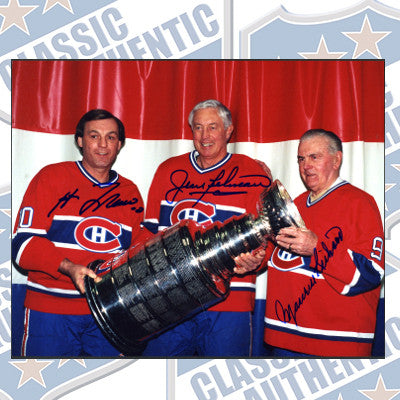 MAURICE RICHARD + JEAN BELIVEAU + GUY LAFLEUR Montreal Canadiens autographed 8x10 photo (#447)